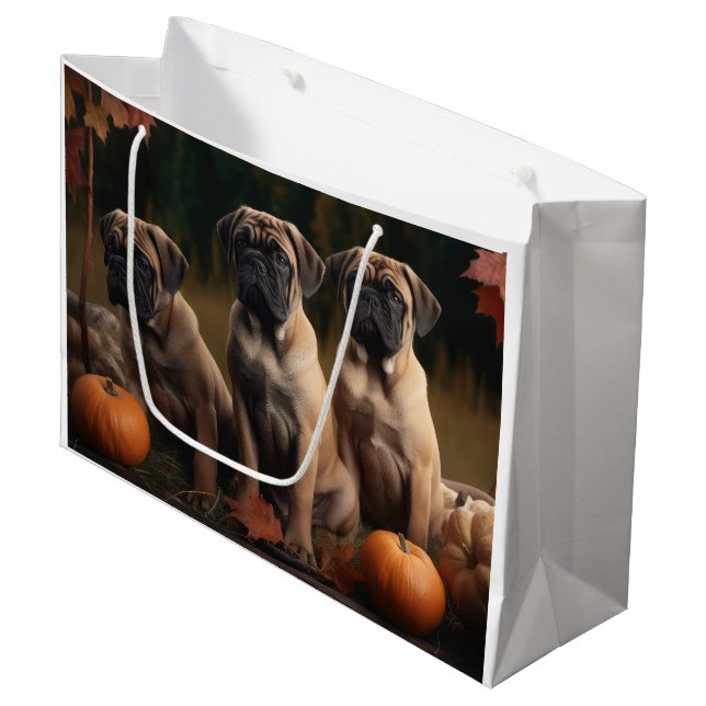 Sacola Para Presentes Grande Bolmastiff Puppy Autumn Delight Pumpkin (Frente inclinada)