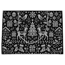 SACOLA PARA PRESENTES GRANDE BOLSA DE NATAL COM PADRÃO ESCANDINAVO PRETO