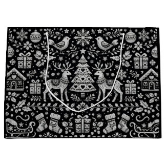 SACOLA PARA PRESENTES GRANDE BOLSA DE NATAL COM PADRÃO ESCANDINAVO PRETO