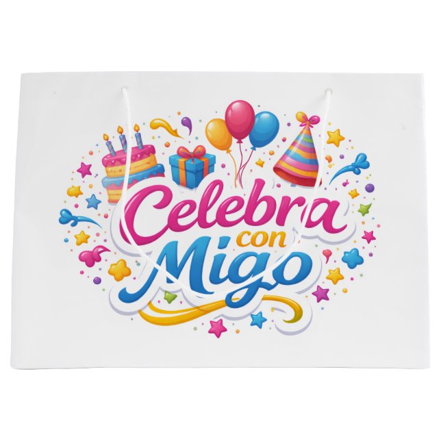 Sacola Para Presentes Grande Bolsa de Regalo con Diseño “Celebra Conmigo” | Emp (Frente)