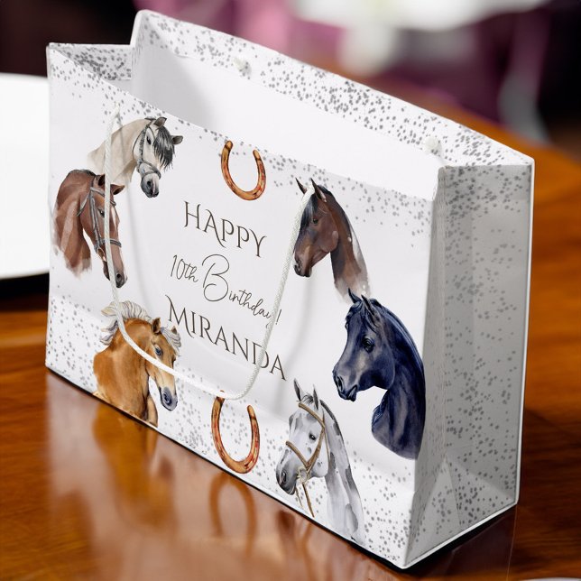 Sacola Para Presentes Grande Bolsa mensageifesta de aniversario elegante equest (Horses equestrian elegant birthday party large gift bag)