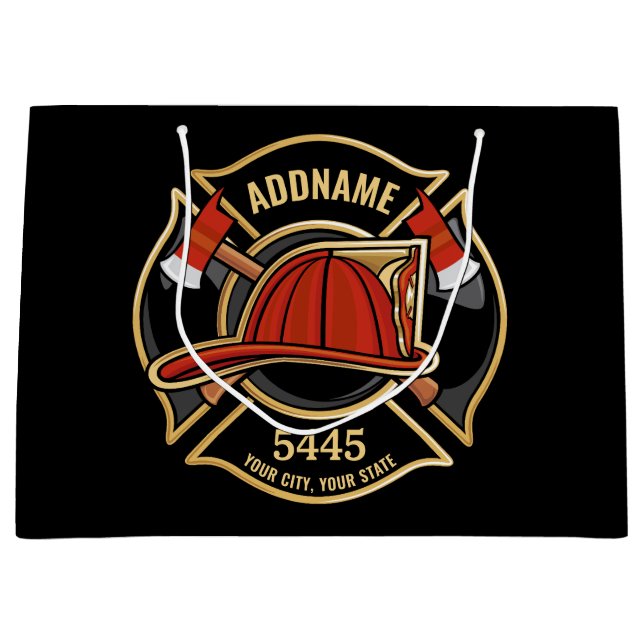 Sacola Para Presentes Grande Bombeiro ADD NAME Crachá de Bombeiros (Frente)