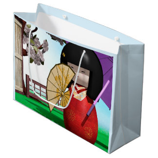Sacola Para Presentes Grande Boneca Kokeshi Japonesa Arte de Flor de Cerejeira
