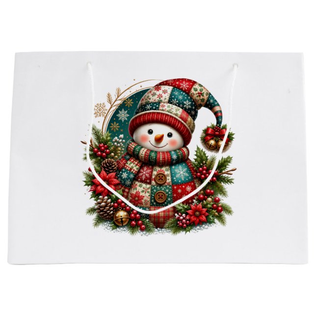 Sacola Para Presentes Grande Boneco de Neve de Patchwork de Natal (Frente)