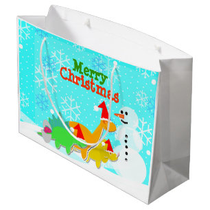 Sacola Para Presentes Grande Boneco de neve dos dinossauros de Kawaii do Feliz