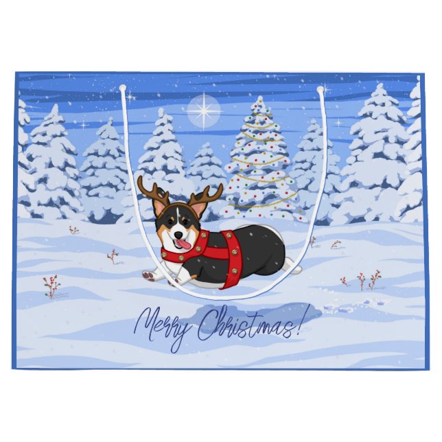 Sacola Para Presentes Grande Bonita Negra Corgi, Reindeja de Natal (Frente)