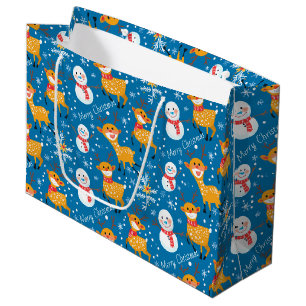 Sacola Para Presentes Grande Bonita Reindeer e Azul Neve