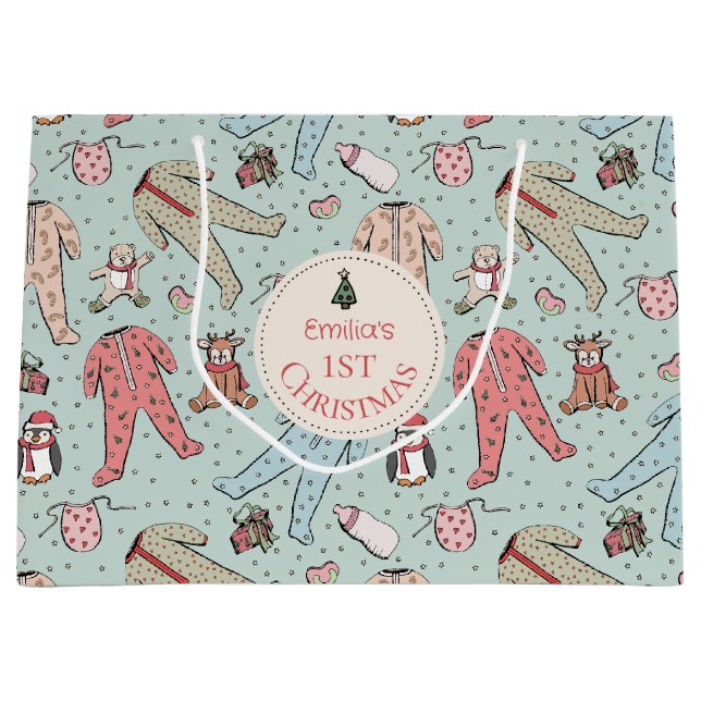Sacola Para Presentes Grande Bonitinho Verde Bebê é o primeiro Natal personaliz (Frente)