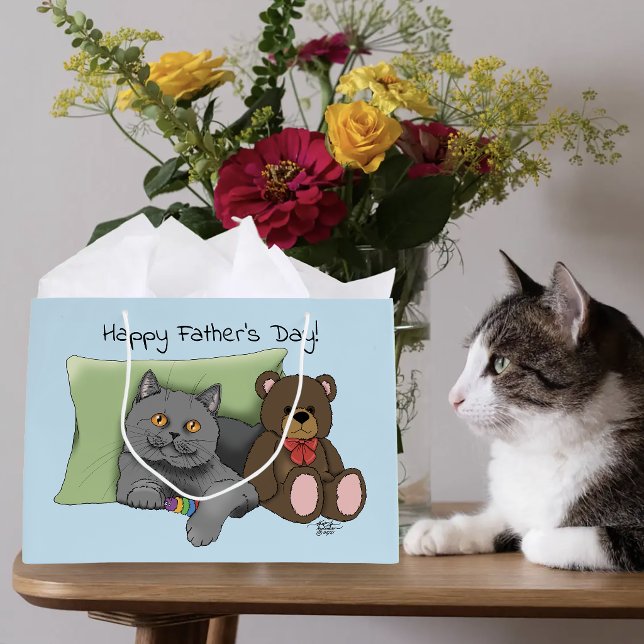 Sacola Para Presentes Grande Bonito Azul Adorável Cinza Melhor Pai do Gato Dia  (Criador carregado)