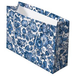 Sacola Para Presentes Grande Bonito Boho Azul e Branco Floral