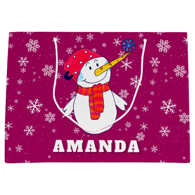 Sacola Para Presentes Grande Bonito boneco de neve com flocos de neve Natal (Frente)