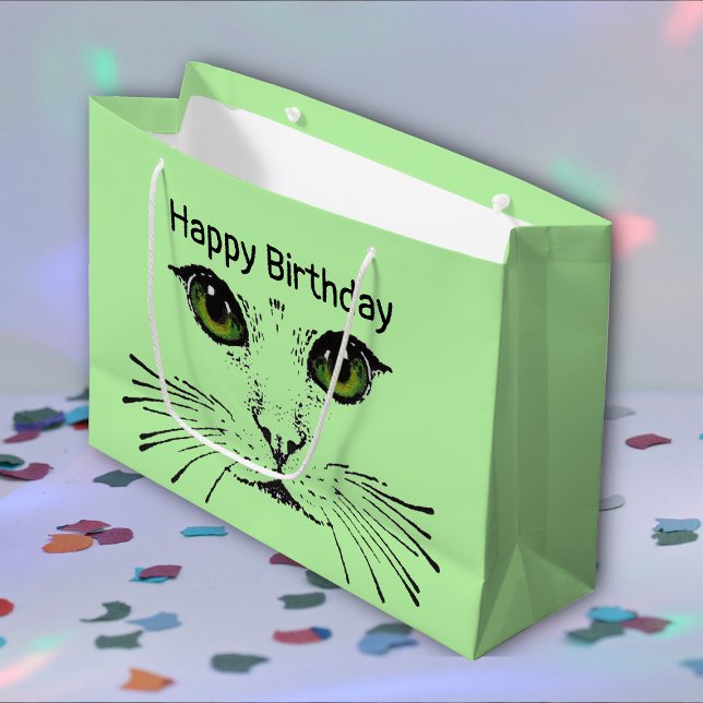 Sacola Para Presentes Grande Bonito Rosto De Gato Com Olhos Verdes Longos Grita (Pretty kitty cat face in black with green eyes and long whiskers on light green Birthday gift bag.)