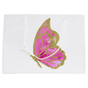 Sacola Para Presentes Grande Borboleta Dourada e rosa aquarela