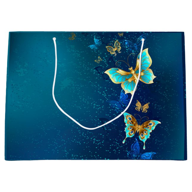 Sacola Para Presentes Grande Borboletas de ouro em um fundo azul (Frente)