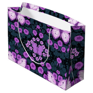 Sacola Para Presentes Grande Borboletas e simetria das flores, violeta e azul