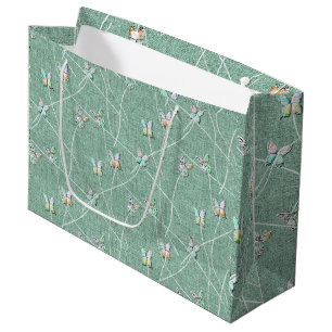 Sacola Para Presentes Grande Borboletas em Verde-Menta em Aquarela