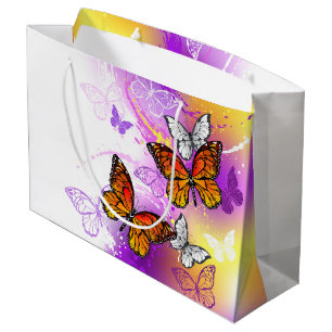 Sacola Para Presentes Grande Borboletas Monarcas em Fundo Roxo