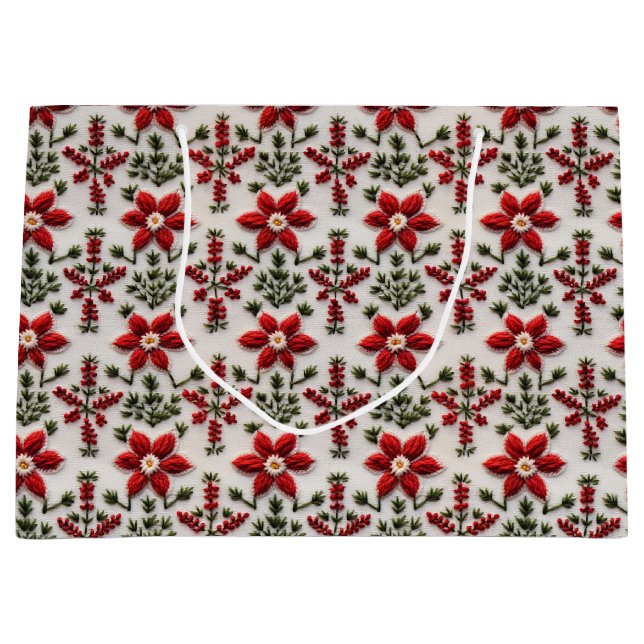 Sacola Para Presentes Grande Bordados Florais Vermelho e Branco (Frente)