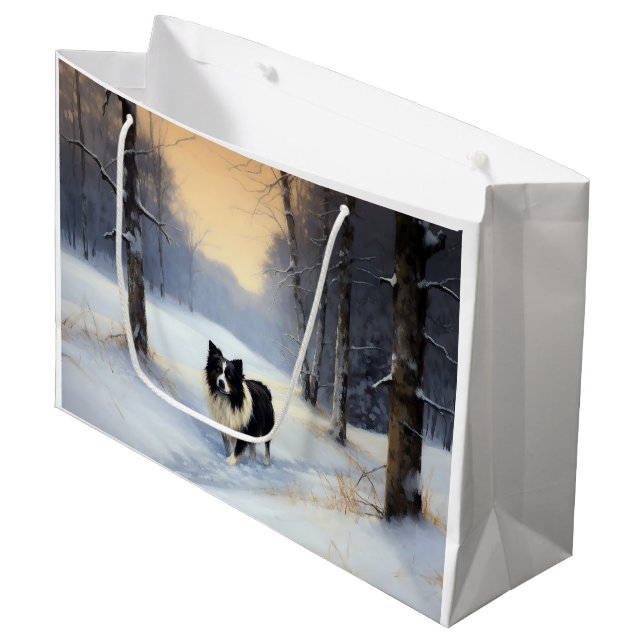 Sacola Para Presentes Grande Border Collie Deixe Nevar Natal (Frente inclinada)