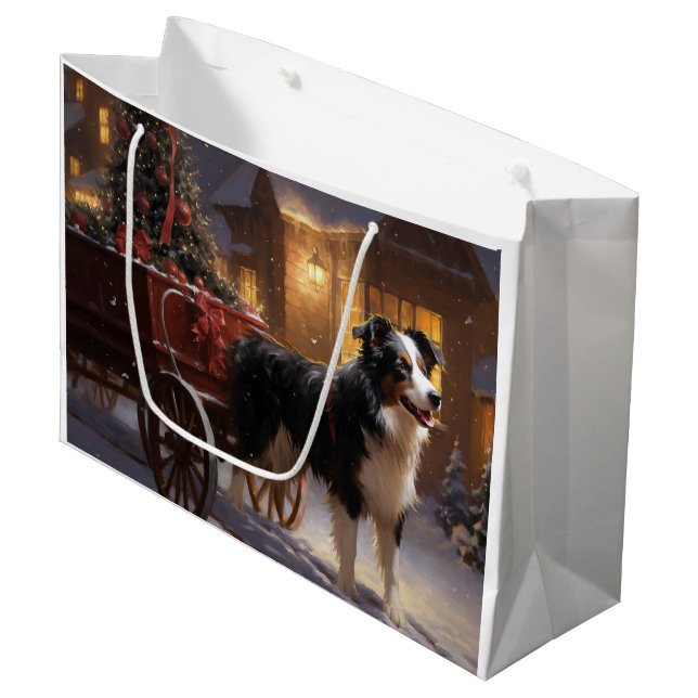 Sacola Para Presentes Grande Border Collie Temporada de Natal (Frente inclinada)
