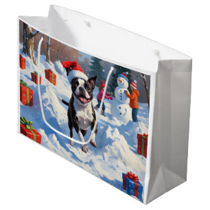Sacola Para Presentes Grande Boston Terrier Cena de Natal Festivo na Neve