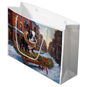 Sacola Para Presentes Grande Boston Terrier Christmas Fesason