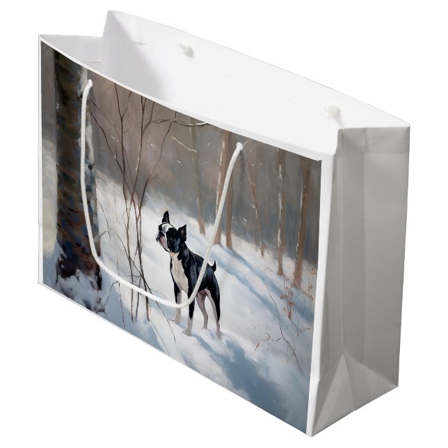 Sacola Para Presentes Grande Boston Terrier Deixe Nevar Natal (Frente inclinada)