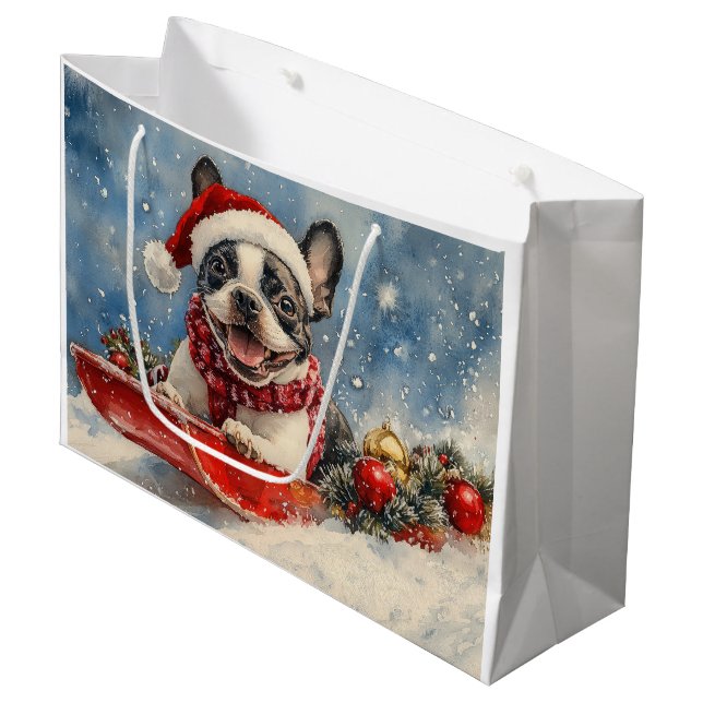 Sacola Para Presentes Grande Boston Terrier Dog Sledge Deixe-o nevar no Natal (Frente inclinada)