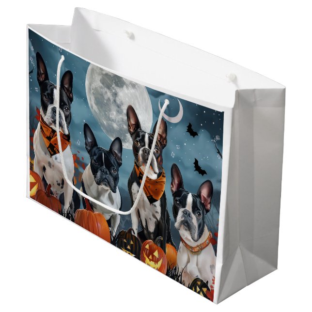 Sacola Para Presentes Grande boston terrier Halloween Spooky (Frente inclinada)