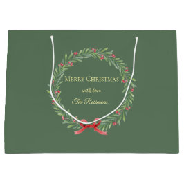 Sacola Para Presentes Grande Botanical Christmas Wreath Modern Script
