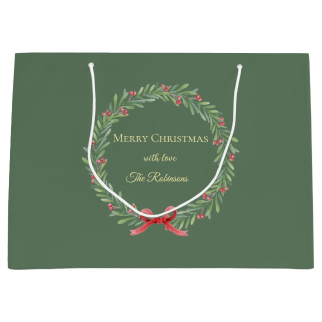 Sacola Para Presentes Grande Botanical Christmas Wreath Modern Script (Frente)