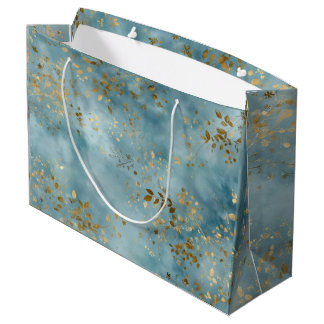 Sacola Para Presentes Grande Botanical Gold Leaves Pattern Design Teal