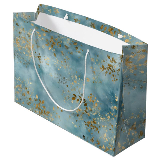 Sacola Para Presentes Grande Botanical Gold Leaves Pattern Design Teal (Verso inclinado)