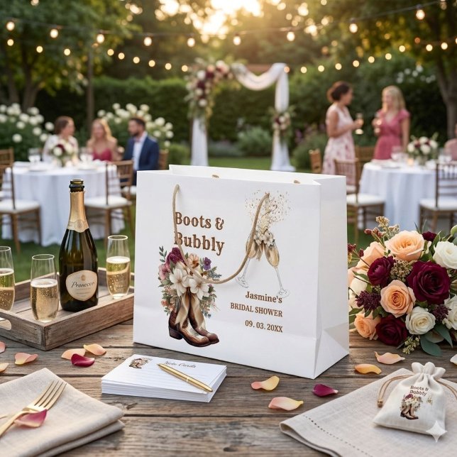 Sacola Para Presentes Grande Botas & Bubbly Boho Festa de Noivado Western (Criador carregado)