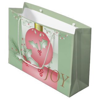 Sacola Para Presentes Grande Boughes of Holly Light Green Pink
