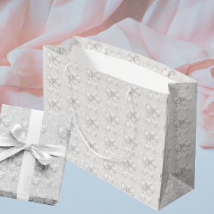 Sacola Para Presentes Grande Branco Cinza Prateado Floral Toile Laços Vintage