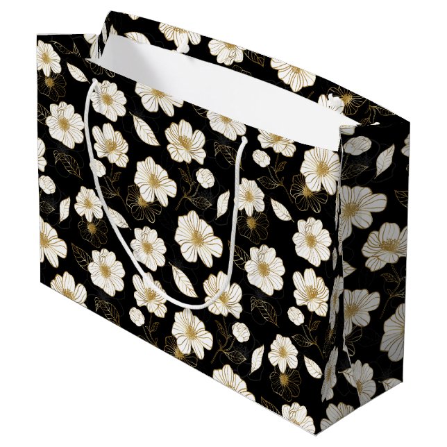 Sacola Para Presentes Grande Branco e Dourado Floral Preto (Verso inclinado)