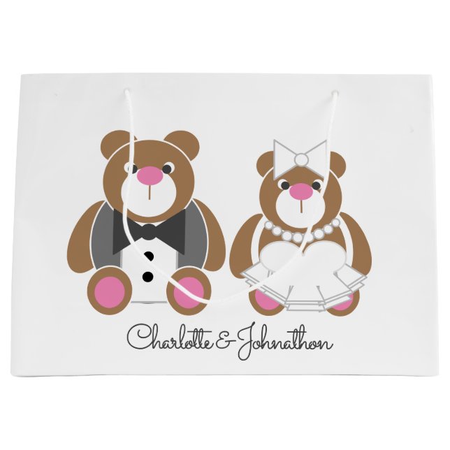 Sacola Para Presentes Grande Brancos bonitinhos de casamento do urso (Frente)