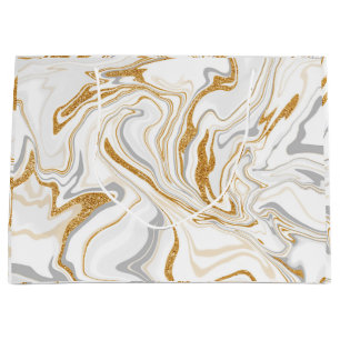 Sacola Para Presentes Grande Brancos, Dourados e Silver Marble Swirls Arte Flui