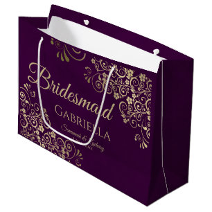 Sacola Para Presentes Grande Bridesmaid Elegante de Roxo e Lace Dourado de amei