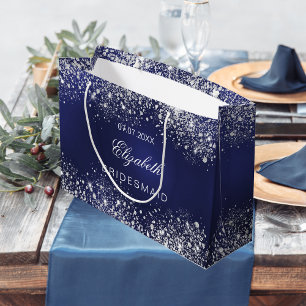 Sacola Para Presentes Grande Bridesmaid, nome real de prata azul, casamento