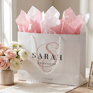 Sacola Para Presentes Grande Bridesmaid Personalizada com Monograma Rosa Branco