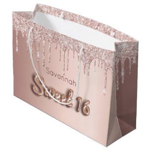 Sacola Para Presentes Grande Brilhante rosa de ouro personalizado de 16 anos
