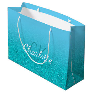 Sacola Para Presentes Grande Brilho azul turquesa aqua monograma nome aniversár