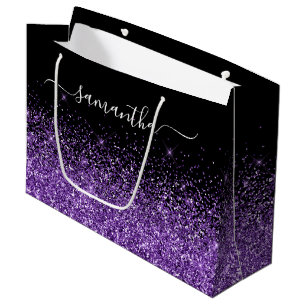 Sacola Para Presentes Grande Brilho Preto e Roxo Real Elegante Nome