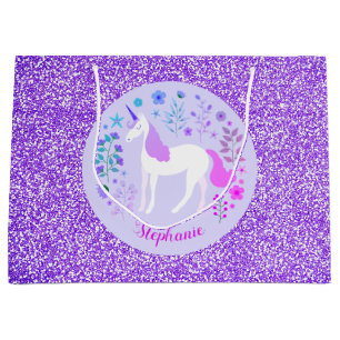 Sacola Para Presentes Grande Brilho roxo cor-de-rosa do unicórnio personalizad