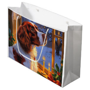 Sacola Para Presentes Grande Brittany Spaniel com Luzes de Natal Feriado 