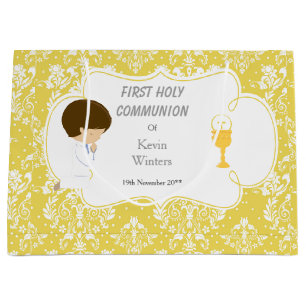 Sacola Para Presentes Grande Brunette Boy Dourado Damask de Primeira Comunhão