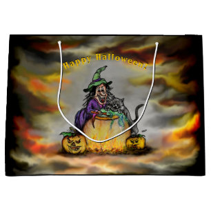 Sacola Para Presentes Grande Bruxa e Gato Negro, Feliz Halloween!