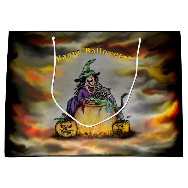 Sacola Para Presentes Grande Bruxa e Gato Negro, Feliz Halloween! (Frente)